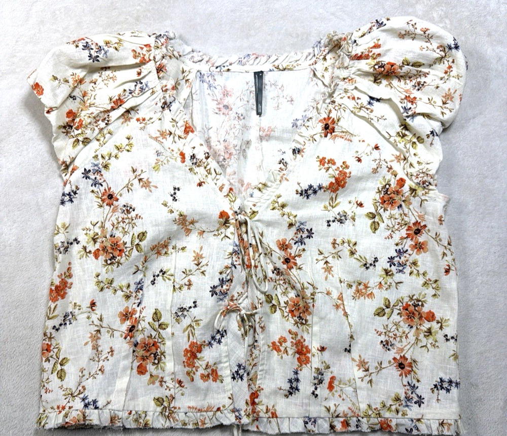 Anthropologie Linen Blend Floral Blouse Tie Front Ruffle Cap Faie Sleeve Sz XL